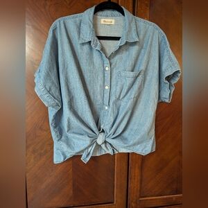 Madewell Denim Short Sleeve Tie-Front Shirt Chambray Blue Size XL